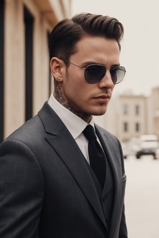 handsome guy with fancy suit and tattoo all over, with  sunglasses 