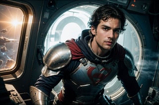 Story, in space, on board a ship, well dressed commander in space armor, henry cavil look intensly, 8k, (bright blue eyes), 