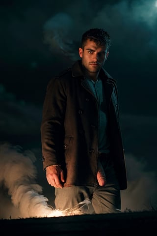 photo of a rugged muscular man, Spanish male, brown hair, 1boy, noir detective man, open shirt, long coat, pants, police department background, signs, wet, penis, raining, holding smoke, realistic, highly detailed, realistic eyes, intricate details, detailed background, depth of field, thriller theme, serious theme, (dark atmosphere:0.7), dramatic, (bokeh, film grain, motion blur, atmospheric, cinematic movie still), cinemascope, moody, epic, gorgeous, muted color, style of Casey Baugh, vignette, vfx, light particles, fog, dynamic pose, dynamic angle, sexy muscular,(MkmCut)