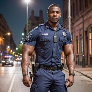 half body portrait shot, a dark skin handsome young muscular police wearing uniform, bulging biceps, thick thighs. crotch bulge, on the street at night, (confident pose):1.5, soft lighting, shadows accentuating muscles, handsome face, 4k, highly detailed, masterpiece, high contrast, warm color
