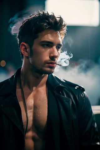 photo of a rugged muscular man, Spanish male, brown hair, 1boy, noir detective man, open shirt, long coat, pants, police department background, signs, wet, penis, raining, holding smoke, realistic, highly detailed, realistic eyes, intricate details, detailed background, depth of field, thriller theme, serious theme, (dark atmosphere:0.7), dramatic, (bokeh, film grain, motion blur, atmospheric, cinematic movie still), cinemascope, moody, epic, gorgeous, muted color, style of Casey Baugh, vignette, vfx, light particles, fog, dynamic pose, dynamic angle, sexy muscular