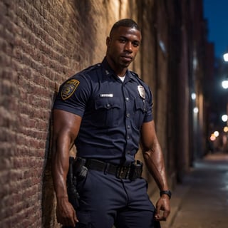 half body portrait shot, a dark skin handsome young muscular police wearing uniform leaning on the wall in the small dark alley, bulging biceps, thick thighs. crotch bulge, on the street at night, (confident pose):1.5, cinematic lighting, shadows accentuating muscles, handsome face, 4k, highly detailed, masterpiece, low contrast, warm color,night city