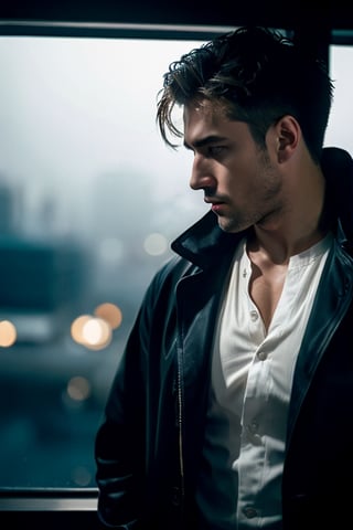 photo of a rugged muscular man, Spanish male, brown hair, 1boy, noir detective man, open shirt, long coat, pants, police department background, signs, wet, penis, raining, holding smoke, realistic, highly detailed, realistic eyes, intricate details, detailed background, depth of field, thriller theme, serious theme, (dark atmosphere:0.7), dramatic, (bokeh, film grain, motion blur, atmospheric, cinematic movie still), cinemascope, moody, epic, gorgeous, muted color, style of Casey Baugh, vignette, vfx, light particles, fog, dynamic pose, dynamic angle, sexy muscular