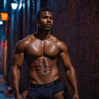 half body portrait shot, a dark skin handsome young muscular man wearing police trousers, topless, leaning on the wall in the small dark alley in cyberpunk night city, beefy. crotch bulge, on the street at night, (confident pose):1.5, cinematic lighting, shadows accentuating muscles, handsome face, 4k, highly detailed, masterpiece, low contrast, warm color,night city,background