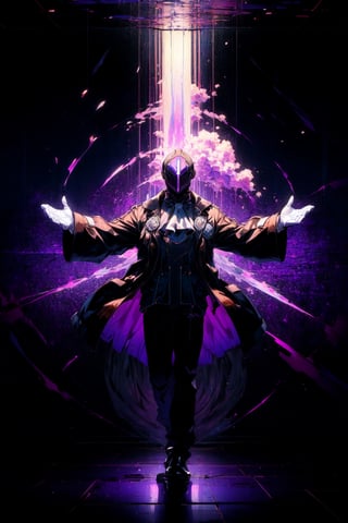 (masterpiece, Good Quality, Best Quality: 1.5)  bdsks, mask, long black jacket, white whistle, full body, black gloves, open arms, lab scenery, purple illumination