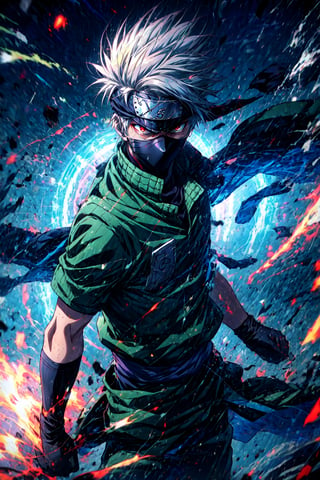 score_9, score_8_up,source_anime,
1boy, kakashi, grey hair, covered mouth, mouth mask, red eye, scar across eye, forehead protector, gloves, konohagakure symbol, mature, green vest, pants,
solo, looking at viewer, angry, standing, cowboy shot, outdoors, forest, anime screencap, anime coloring 