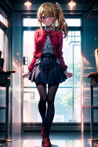 1girl, solo, , Hoshino Ruby, long hair, blonde hair, bangs, blush, red eyes, symbol-shaped pupils, (left star-shaped pupils:1.2), sparkling eyes, (star in left eye:1.2), symbol in eye, side ponytail, school uniform, red bowtie, blue jacket, gray pleated skirt, white legwear, brown footwear,,學校/學園|(School / Academy:1.3), (masterpiece:1.2), highres, best quality, 8k, very clear,