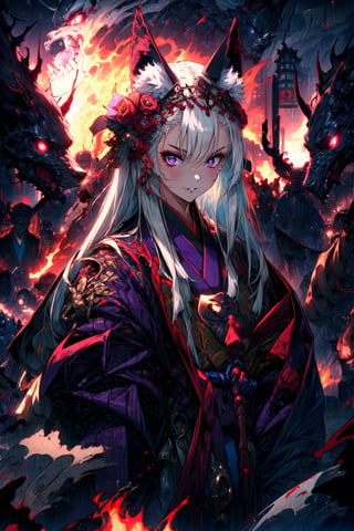 masterpiece,best quality,highres,cinematic lighting,dramatic angle,,1girl,animal ears,hair ornament,purple eyes,white hair,long hair,shaded face,evil smile,parted lips,looking at viewer,cowboy shot,japanese clothes,wide sleeves,burning village,blood,(pile of corpses:1.2)