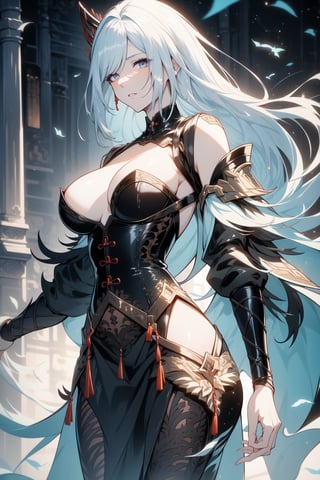raidenshogundef, shenhe, Best quality, masterpiece, 2B, adsurdres, 4k, super sexy girl, beautiful, tall, mature, slim fit, perfect firm breasts, wearing a leather corset with bare breasts, futuristic, intricate, extremely detailed, professional lighting, photorealistic
