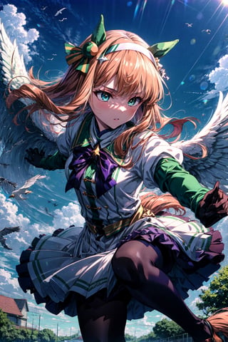 masterpiece,realistic, ,1girl,silence suzuka (umamusume),silence suzuka(Racing),horse girl,horse ears,horse tail,orange hair,green eyes,long hair,hairband,black gloves,black bowtie,layered sleeves,purple pantyhose,asymmetrical footwear,solo,angel wings, ((flying)), blue sky, too many birds, ((white wings)),aasuzuka