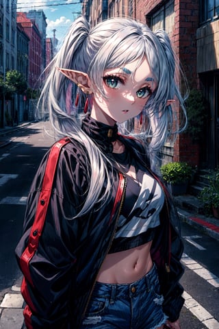 masterpiece, best quality, highres, aafrie, long hair, white hair, twintails, pointy ears, earrings, thick eyebrows, , crop top, cropped jacket, black jacket, midriff, denim shorts, street,