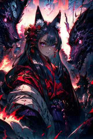 masterpiece,best quality,highres,cinematic lighting,dramatic angle,,1girl,animal ears,hair ornament,purple eyes,white hair,long hair,shaded face,evil smile,parted lips,looking at viewer,cowboy shot,japanese clothes,obi,wide sleeves,burning village,blood,(pile of corpses:1.2),red topwear,purple skirt