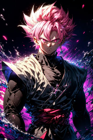 Best_QualityPos, RAW photo, intricate details, best quality, 8k uhd, soft lighting, 1boy, solo, spiked hair, pink hair, pink eyes, super saiyan, single earring, dougi