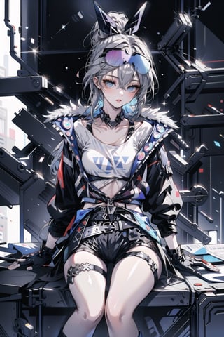 masterpiece, best quality, SilverwolfV5, 1girl, solo, looking at viewer, shirt, gloves, holding, sitting, jacket, shorts, choker, black gloves, fingerless gloves, black jacket, short shorts, thigh strap, phone, black shorts, goggles, eyewear on head, goggles on head, 