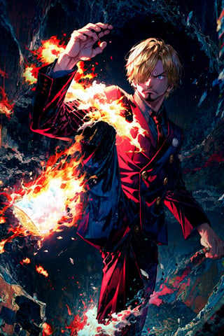 Sanji doing a karate kick and his feet are on fire. He looks serious with cigarrete on his mouth, 4k, best quality, ultra high res, masterpiece, , sanji2, suit, hair_over_one_eye, eyeblow, black shirts, necktie, Burgundy jacket, facial hair, cowboy shot,TakumaKarate