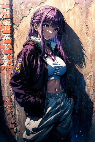 masterpiece, best quality, absurdres, perfect anatomy, 1girl, solo, FernFrieren, very long hair, purple eyes, (purple pupils), large breasts, baggy clothes, sports bra, open jacket, track pants, casual, indoors, against wall, leaning, hands in pockets, toned, sweat,