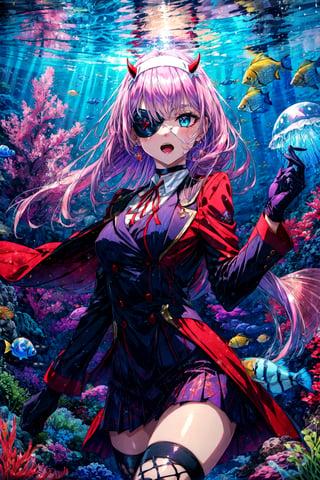 (masterpiece, best quality, detailed), 1girl, solo, bbzero2, long hair, horns, hairband, tailcoat, fishnet top, single thighhigh, single sleeve, medical eyepatch, purple ribbon, choker, single glove, gloving eye, bandaged arm, indoors, aquarium, fish, jellyfish, bubble, scenery, open mouth