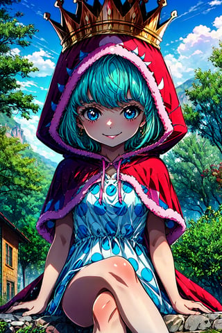 masterpiece, best quality,OPSugar, 1girl, solo,polka dot dress,short dress,crown,green hair,(capelet),sit,crossed legs,smirk,young girl,red animal hood,hood up,blue eyes,flat chest,short hair,pose,outdoors,scenery,sleeveless dress,beautiful scenery,