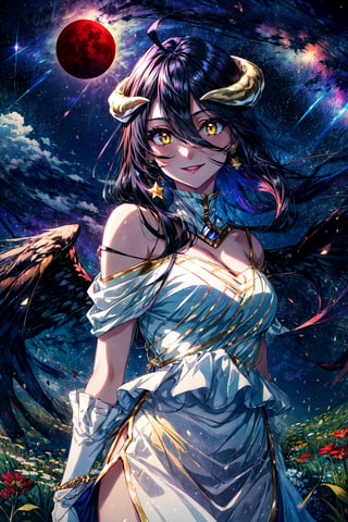 ((best quality)), ((highly detailed)), masterpiece, absurdres, (detailed eyes, deep eyes), (1girl), upper body, , , albedodef, black hair, ahoge, yellow eyes, , snake eyes, slit pupils, horns, dress, hip vent, white gloves, black wings, bare shoulders, smiling, (at a meadow, night, night sky, stars, lunar eclipse, shooting star, telescope)