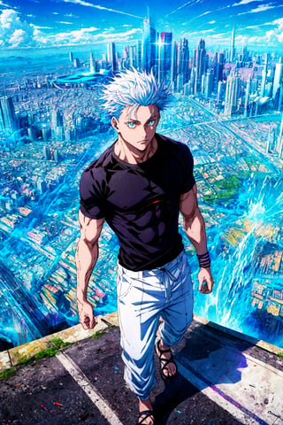 1boy, Gojo Satoru, powerful sorcerer, full body, tight black t-shirt, loose white pants, light blue eyes, white hair, city background, Jujutsu Kaisen, mix of fantasy and realism, special effects, fantasy, ultra HD, HDR, 4K, realhands, gojosatoru