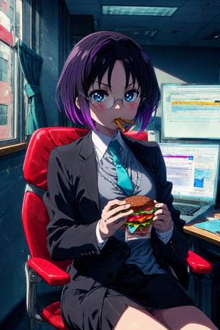 score_9, score_8_up, score_7_up, source_anime, dragonelma, , elma, black hair, blue eyes, gradient hair, multicolored hair, purple hair, short hair, slit pupils, necktie, glasses, formal, suit, office lady, indoors, office, sitting, computer, chair, desk, eating, hamburger, looking at viewer, dutch angle, cowboy shot, dynamic pose,