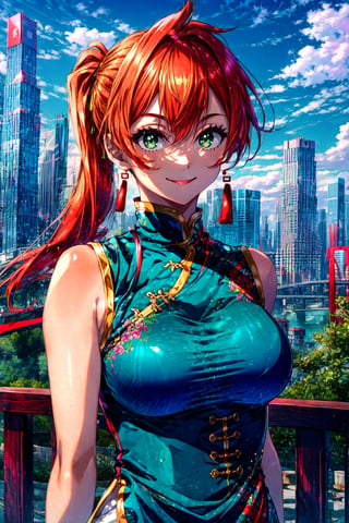 kendou itsuka, long hair, side ponytail, 1girl, green eyes, outdoors, city , upper body, smile, orange hair, blue dress, looking at viewer, chinese clothes, closed mouth, solo, china dress, sleeveless, , large breast