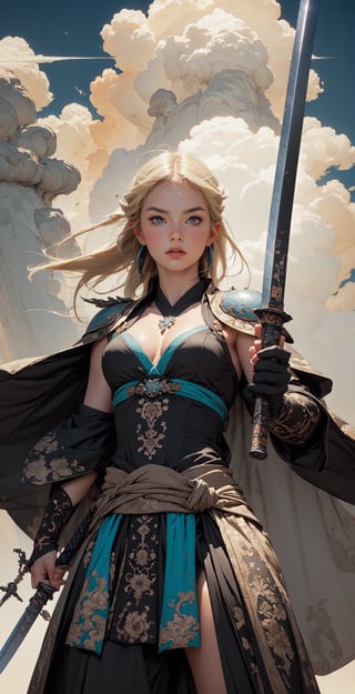 (masterpiece, top quality, best quality, official art, beautiful and aesthetic:1.2), (1girl), extreme detailed,(fractal art:1.3),colorful,highest detailed,zoomout,blonde girl,perfecteyes, background sky full thunder, holding_katana, wear fantasy armor,morgan le fay,weapon,sophitia