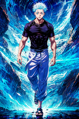 1boy, Gojo Satoru, powerful sorcerer, full body, black tight t-shirt, loose white pants, light blue eyes, white hair, Jujutsu Kaisen, mix of fantasy and realism, special effects, fantasy, ultra HD, HDR, 4K, realhands, gojosatoru