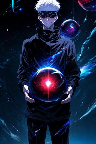 1boy, satoru gojo, blindfold, black jacket, white hair, standing, cowboy_shot, floating red energy sphere, floating blue energy sphere, smirk, black universe background, wallpaper, cinematic,fantasy00d