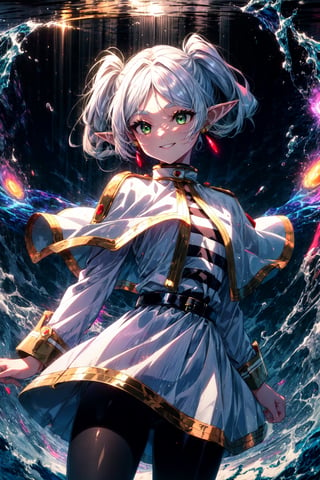 Aura, energy, glowing,swirling energy, dynamic pose,((masterpiece,best quality)), aafrie, long hair, white hair, twintails, pointy ears, earrings, green eyes, thick eyebrows, white capelet, striped shirt, long sleeves, belt, white skirt, black pantyhose , , cowboy shot,smile,