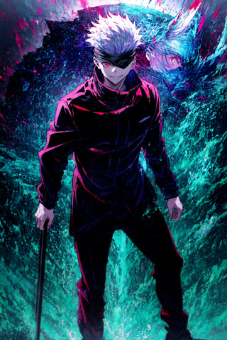 full body, focus straight_shota, Gojo Satoru, black jacket, blindfolded, Jujutsu kaisen, mix of fantasy and realism, special effects, fantasy, ultra hd, hdr, 4k, realhands, neutral smile face, perfect,red eyes,red eyes,gojou satoru,blue eyes,4rmorbre4k