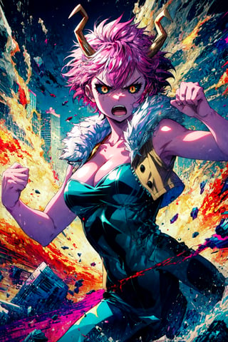 score_9, score_8_up, score_7_up, score_6_up, score_5_up, score_4_up, 1girl, highres, masterpiece, high quality, my hero academia, ashidomina, short hair, horns, (colored sclera:1.1), (black sclera:1.2), pink skin, collarbone, bare shoulders, cleavage, fur trim, vest, unitard, bodysuit,angry, yelling, hero pose, fighting, battle, city background, destruction, csr, painterly style, vibrant colors, sketchy lineart