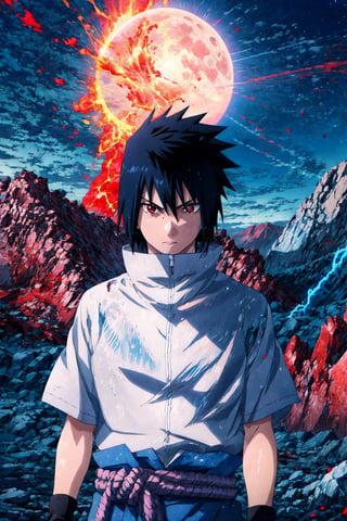 score_9,score_8,score_7,score_6,score_5,score_4,source_anime,medium_shot,Sasuke Uchiha,look of contempt,black hair,sharingan eyes,red eyes,black hair, spiky hair,gray shirt with short sleeves,black arm guard,hand up,chidori,electrokinesis,electricity in hand,moon,red sky,big clouds,BREAK