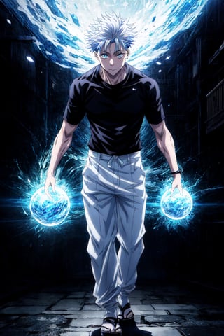 1boy, Gojo Satoru, powerful sorcerer, full body, black tight t-shirt, loose white pants, light blue eyes, white hair, Jujutsu Kaisen, mix of fantasy and realism, special effects, fantasy, ultra HD, HDR, 4K, realhands, gojosatoru