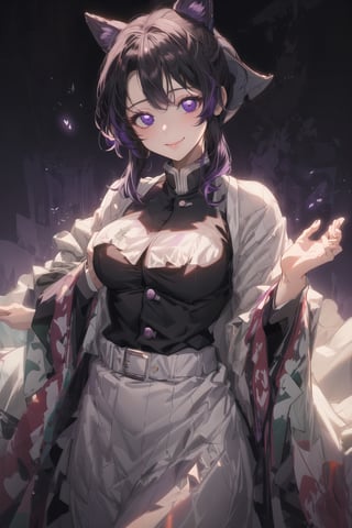masterpiece, best quality, ultra-detailed, shinobuDB, demon_slayer_uniform, violet eyes, short black hair with violet tips, black uniform, white haori, open uniform, bare breasts, small breasts, pink nipples, solo, smile, japanese_clothes, closed_mouth, lips, cloud, sky, blue_sky, day, sidelocks, volumetric lighting, best quality, masterpiece, intricate details, tonemapping, sharp focus, hyperdetailed, trending on Artstation