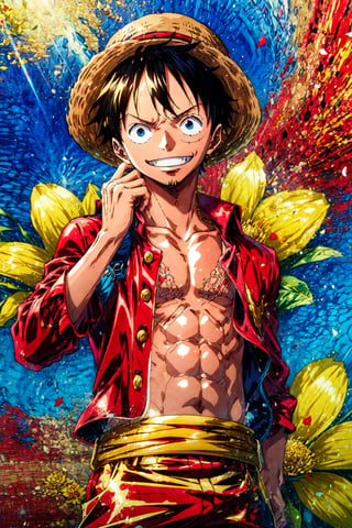 1utf1,gear fifth, monkey D. Luffy, 1boy, yellow outfit, golden belt, golden flower on hair, red jacket, portrait, solo