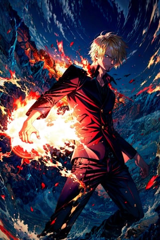 A man with long blonde hair, wearing a sleek black suit, standing in a dynamic pose in front of a burning fire that illuminates his face with dramatic shadows. Inspired by Eiichiro Oda's art for One Piece, specifically a featured piece on CGSociety. The aim is to achieve a level of photographic realism, capturing the essence of Sanji's character in his official anime style. A high definition rendering suitable for display on Behance and other digital art media is preferred