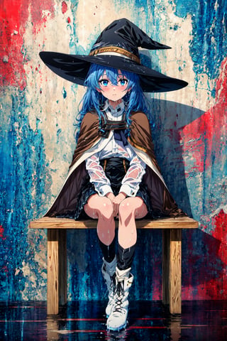 score_9, score_8_up, score_7_up, score_6_up, source anime, BREAK  yxorpnxl, roxy migurdia, 1girl, solo, wet, long hair, hat, wet clothes, boots, sitting, white footwear, skirt, blush, witch hat, looking at viewer, hair between eyes, shirt, capelet, closed mouth, crossed bangs, long sleeves, brown cape, wet shirt, unworn headwear, white shirt, socks, unworn hat, black headwear, black skirt, unworn boots