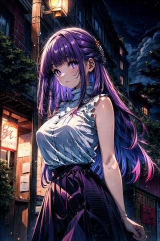 masterpiece, best quality, highres, aafern, long hair, purple hair, blunt bangs, purple eyes, large breasts, , sweater, high-waist skirt, casual, turtleneck, sleeveless, street, standing, night, standing