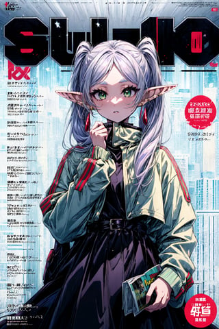 solo, (((magazine cover))), Streetwear outfit, winter fashion, 1girl dress lift, english text, 1girl, solo, elf, white hair, grey hair, earrings, pointy ears, long hair, ponytail, green eyes, twintails, parted bangs, thick eyebrows, 