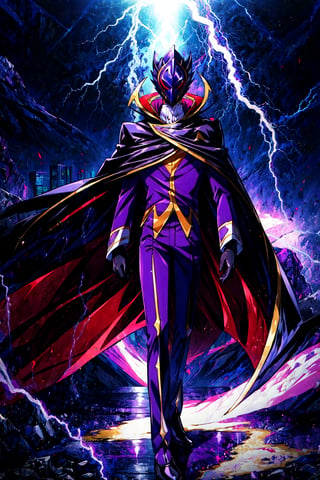 masterpiece, best quality,solo, zero \(code geass\), close-up, mask on head, black cape, black gloves, cape, formal, gloves, high collar, long sleeves, mask, purple footwear, purple pants, purple suit, suit,mksks style, professional lightning, spotlight, school, classroom,