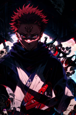 masterpiece,high quality,solo, , RyomenSukuna,1man, blue scarf,japanese clothes,white kimono,wide sleeves,long sleeves, obi, tabi,zouri, hell,shadow,shadowed face,skull,animal skull,red background,