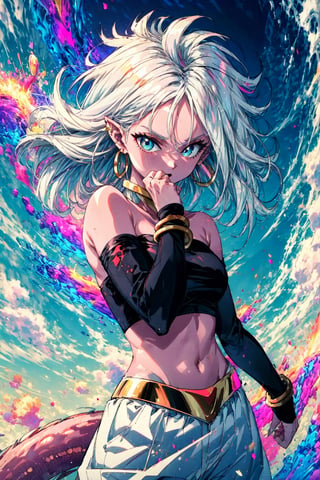 Aura, energy, glowing,swirling energy, dynamic pose, masterpiece, best quality, highres, bbandro, white hair, long hair, messy hair, pointy ears, hoop earrings, blue eyes, pink skin, tail, medium breasts, bare shoulders, strapless, detached sleeves, bracelet, midriff, harem pants, white pants, dragon ball, , standing, cowboy shot