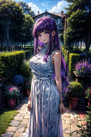 masterpiece, best quality, highres, aafern, long hair, purple hair, blunt bangs, purple eyes, large breasts, long dress, white dress, sleeveless, , standing, cowboy shot, garden, smile,