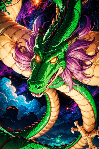 wyrm,shenlong, oriental dragon, glowing eyes, shiny, galaxy, sharps theet, long whiskers, purple hair, floating debris, looking_at_viewer, asymetric, intrincate details, realistic, ,r1ge, close up, yellow sky, yellow clouds, flying, raining,fantasy00d,CLOUD