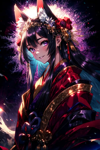 masterpiece,best quality,highres,cinematic lighting,dramatic angle,,1girl,animal ears,hair ornament,purple eyes,black hair,long hair,smile,parted lips,looking at viewer,cowboy shot,japanese clothes