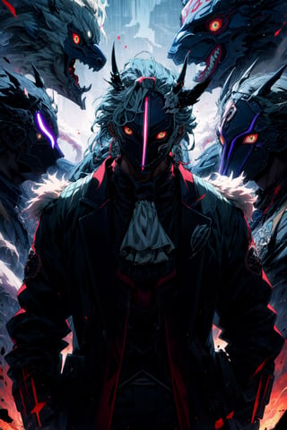 (best quality), (bfsks), male focus, (mask:1.2), (claws), (white fur), jacket, looking at viewer, horor \(theme\), body fur, cracked mask, torn clothes, ((monster))