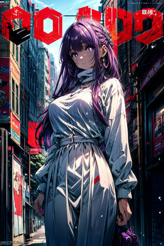 solo, (((magazine cover))), Streetwear outfit, winter fashion, 1girl dress lift, english text, 1girl, solo, FernFrieren, very long hair, purple eyes, (purple pupils), sweater, ribbed sweater, long sleeves, high-waist pants, outdoors, city, large breasts, , 