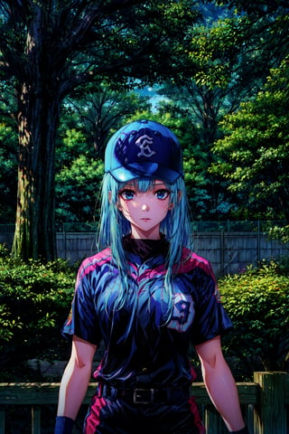 (extremely detailed CG unity 8k wallpaper),(masterpiece),(best quality),(ultra-detailed),(best illustration),(best shadow),(absurdres), ,Kasumi, 1girl, solo, helmet, long hair, baseball uniform, belt,blue hair, sportswear, fence, baseball cap, chain-link fence, hat, tree, outdoors