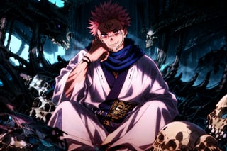 masterpiece,high quality,solo, , RyomenSukuna,1man, blue scarf,japanese clothes,white kimono,wide sleeves,long sleeves, obi, tabi,zouri, shaded face,evil grin, animal skull, skull,sitting, hand on own face,
